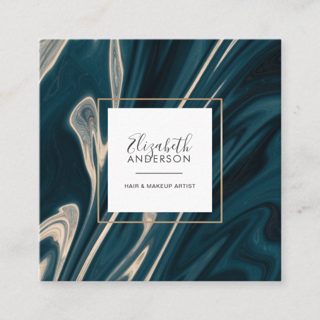 Modern Marble Aqua Gold Stylish Makeup Artist Square Business Card (Front)