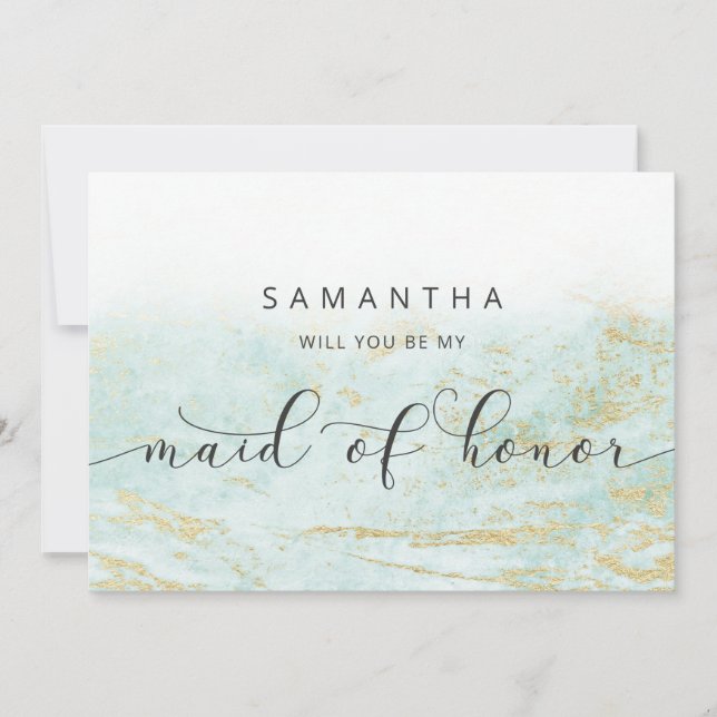 Modern Marble Aqua Maid of Honor Proposal Card (Front)