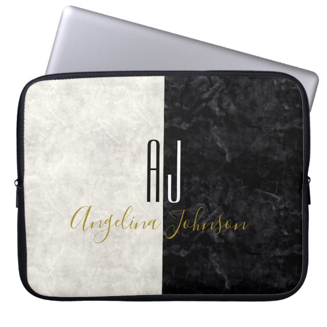 Modern Marble Black and White Monogram Initials Laptop Sleeve (Front)