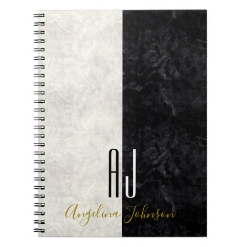 Modern Marble Black and White Monogram Initials Notebook