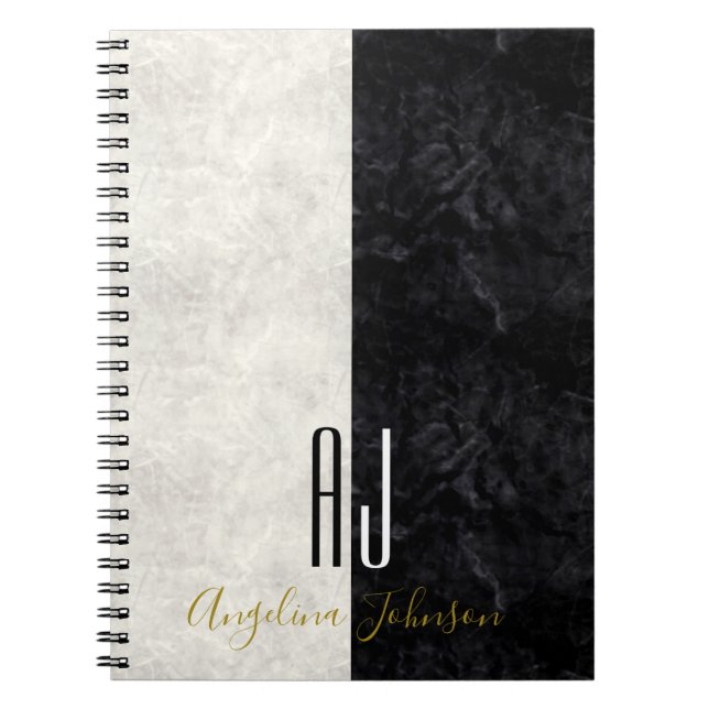 Modern Marble Black and White Monogram Initials Notebook (Front)
