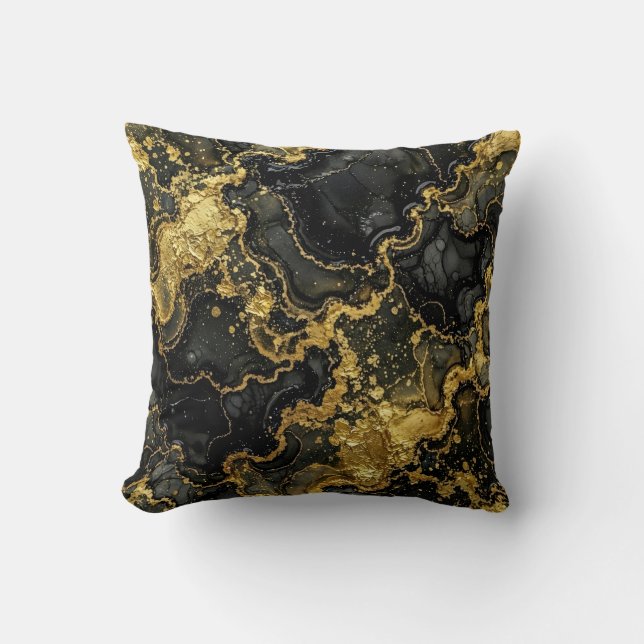 Modern Marble Black + Gold Luxury  Throw Pillow (Front)