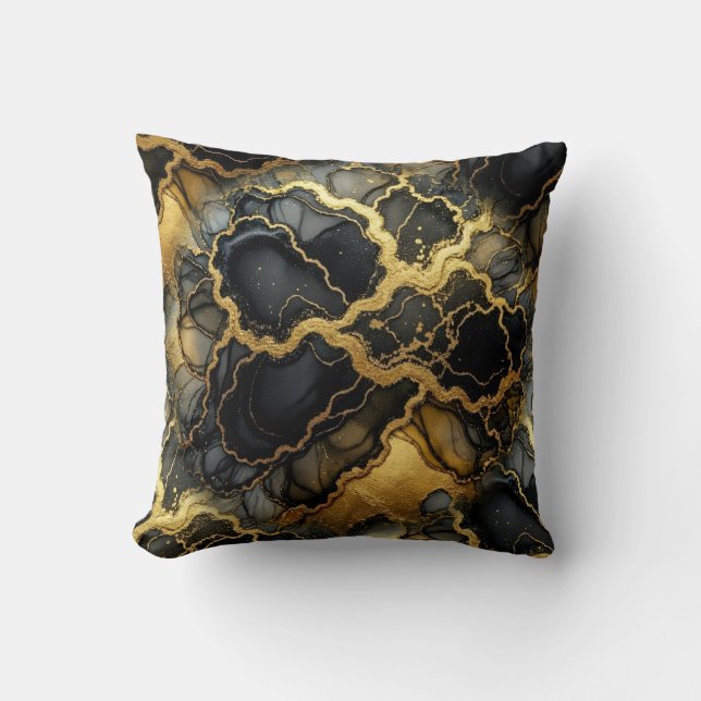 Modern Marble Black + Gold Luxury  Throw Pillow (Front)