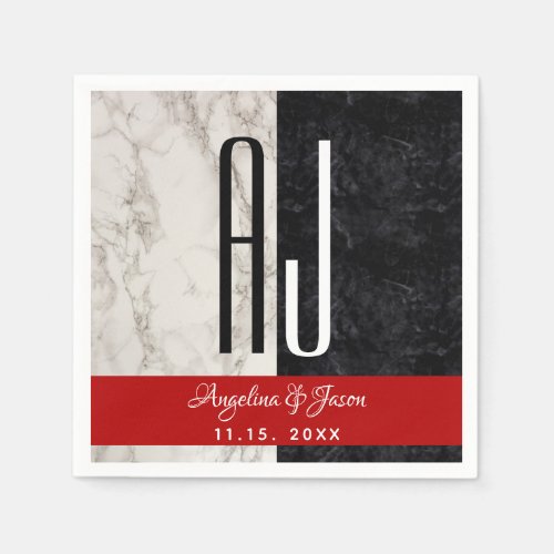 Modern Marble Black White and Red Wedding Initials Napkins