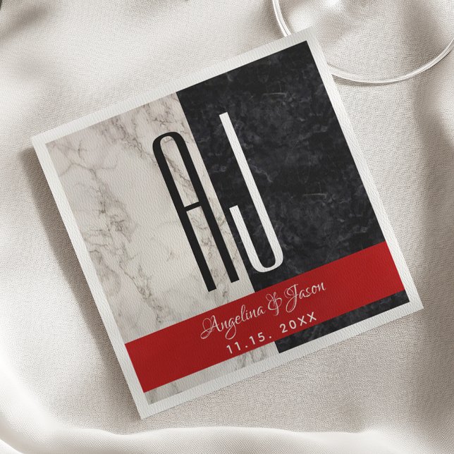 Modern Marble Black White and Red Wedding Initials Napkins (Creator Uploaded)