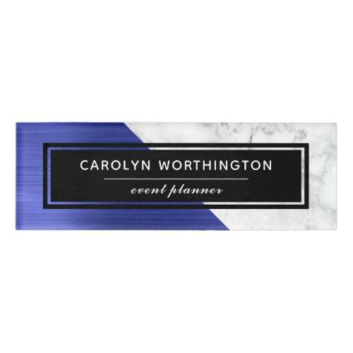 Modern Marble Blue Brushed Metal Color Block Name Tag