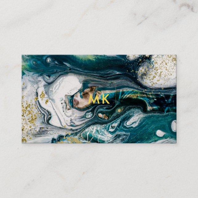 Modern Marble | Blue Green and Gold Splatter Business Card (Front)