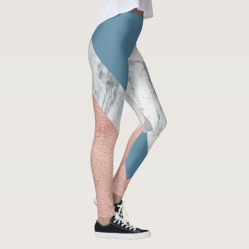 Modern Marble Blue Rose Gold Abstract Leggings