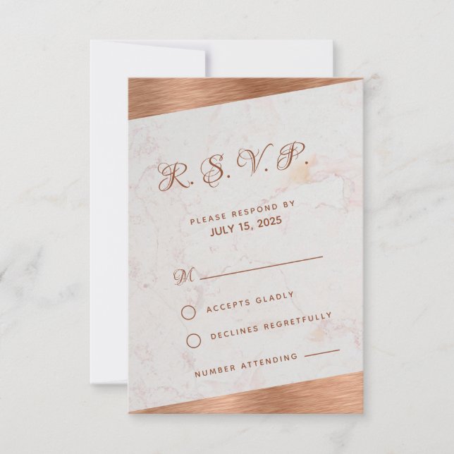 Modern Marble Copper Calligraphic Oblique Wedding RSVP Card (Front)