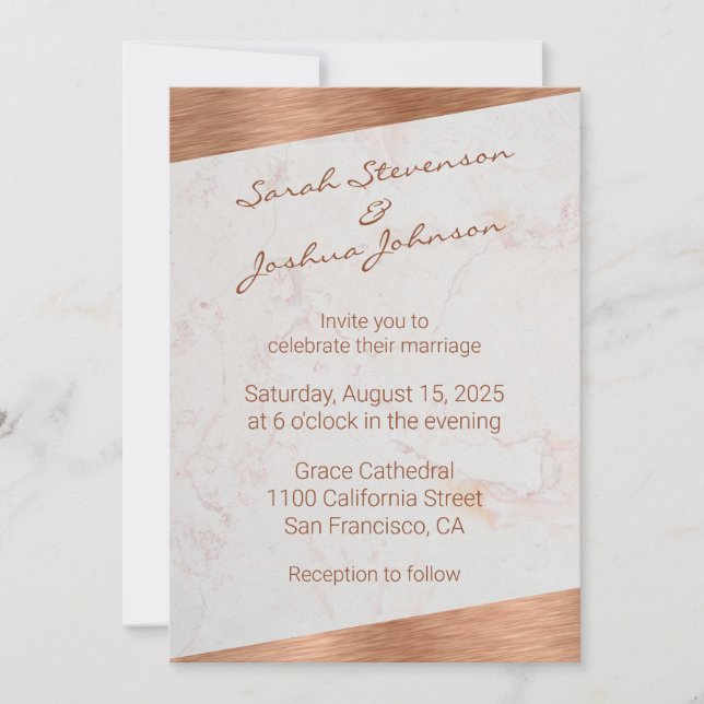 Modern Marble Copper Handwriting Geometric Wedding Invitation (Front)