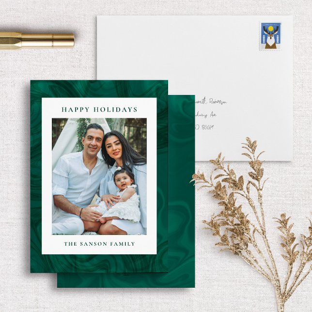 Modern Marble Dark Green Holiday Photo Card (Creator Uploaded)