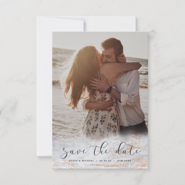 Modern Marble Fade Dusty Blue Copper Custom Photo Save The Date (Front)