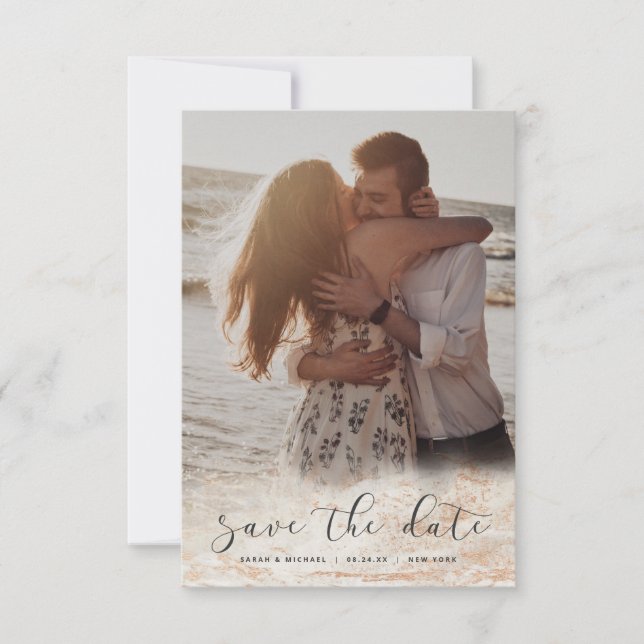 Modern Marble Fade in Beige Copper Custom Photo Save The Date (Front)