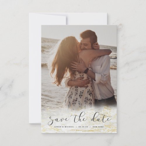 Modern Marble Fade White with Gold Custom Photo Save The Date