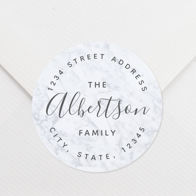 Modern Marble Family Name Return Address Classic Round Sticker (Creator Uploaded)