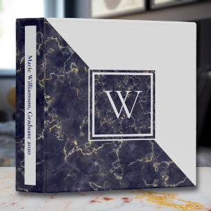 Modern Marble Geometric Monogram Navy Gray 3 Ring Binder