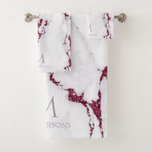 Modern Marble Glitter Monogram Burgundy ID816 Bath Towel Set