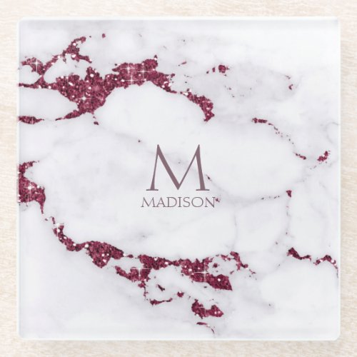 Modern Marble Glitter Monogram Burgundy ID816 Glass Coaster