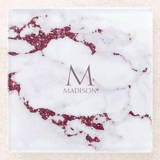 Modern Marble Glitter Monogram Burgundy ID816 Glass Coaster (Front)