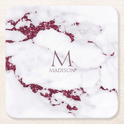 Modern Marble Glitter Monogram Burgundy ID816 Square Paper Coaster