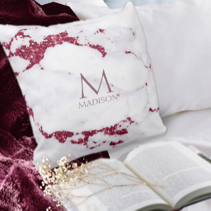 Modern Marble Glitter Monogram Burgundy ID816 Throw Pillow