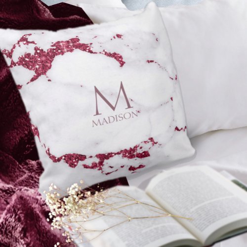 Modern Marble Glitter Monogram Burgundy ID816 Throw Pillow