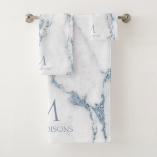 Modern Marble Glitter Monogram Dusty Blue ID816 Bath Towel Set