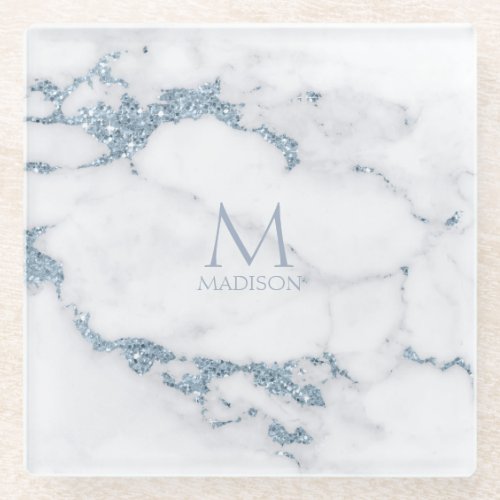 Modern Marble Glitter Monogram Dusty Blue ID816 Glass Coaster