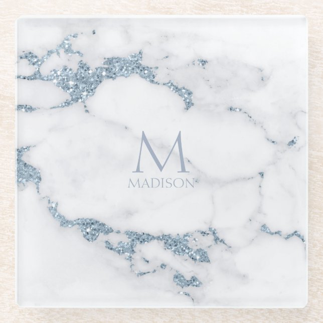 Modern Marble Glitter Monogram Dusty Blue ID816 Glass Coaster (Front)