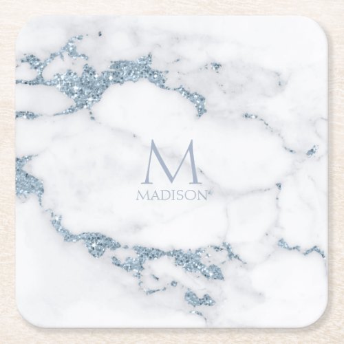 Modern Marble Glitter Monogram Dusty Blue ID816 Square Paper Coaster