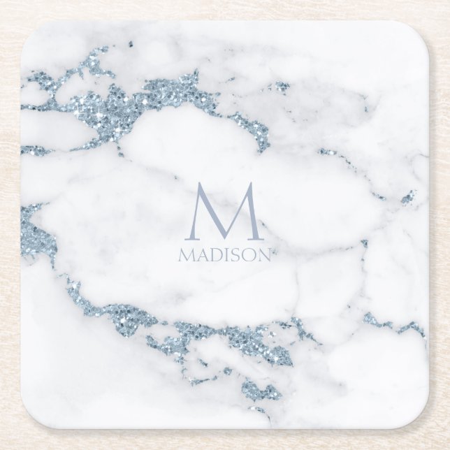 Modern Marble Glitter Monogram Dusty Blue ID816 Square Paper Coaster (Front)