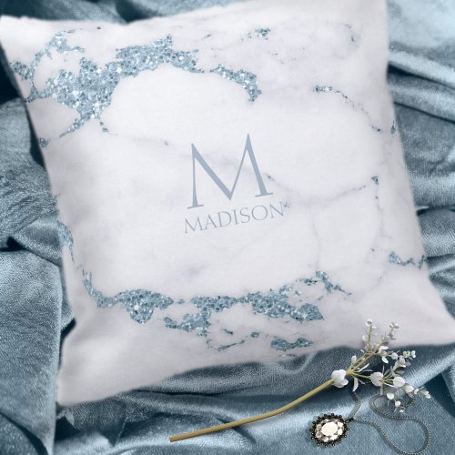 Modern Marble Glitter Monogram Dusty Blue ID816 Throw Pillow
