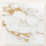 Modern Marble Glitter Monogram Gold ID816 Glass Coaster<br><div class="desc">An abstract background reminiscent of glitter-veined marble in shades of gold through soft beige and white is the backdrop for your own your name and monogram. Search ID816 to see other pieces and color choices for this set.</div>