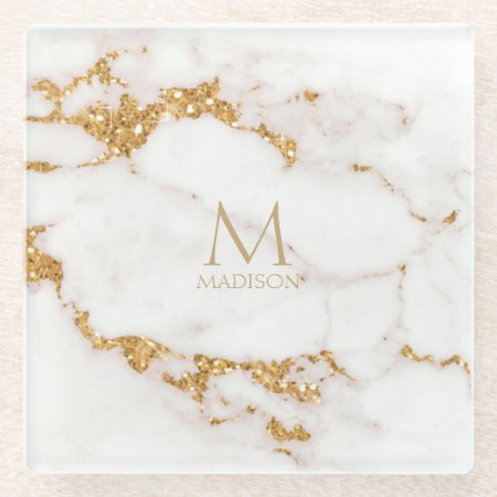 Modern Marble Glitter Monogram Gold Id816 Glass Coaster