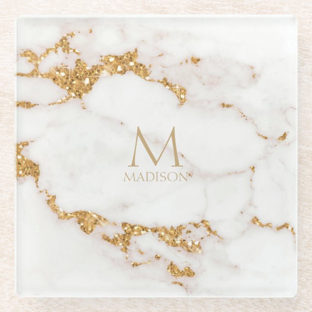 Modern Marble Glitter Monogram Gold ID816 Glass Coaster (Front)