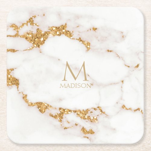Modern Marble Glitter Monogram Gold ID816 Square Paper Coaster