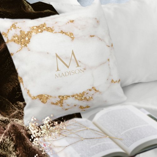 Modern Marble Glitter Monogram Gold ID816 Throw Pillow