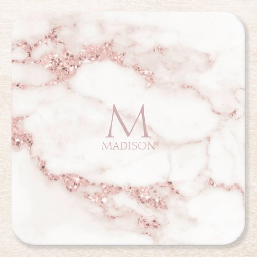 Modern Marble Glitter Monogram Rose Gold ID816 Square Paper Coaster