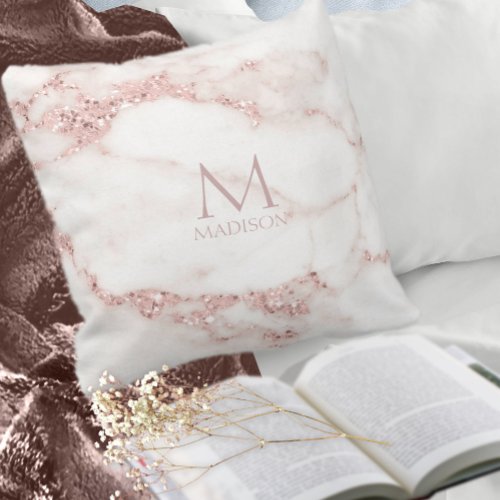 Modern Marble Glitter Monogram Rose Gold ID816 Throw Pillow