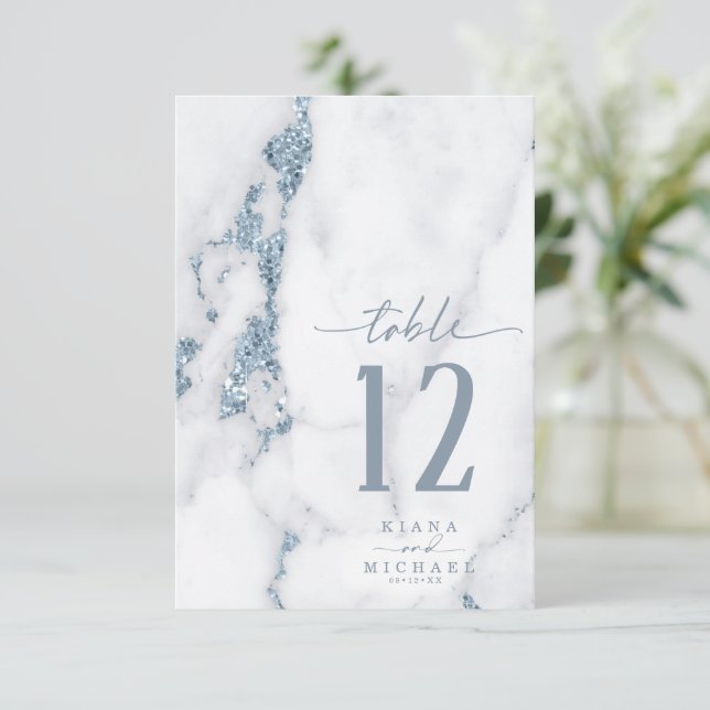 Modern Marble Glitter Table Number Blue ID816 (Standing Front)