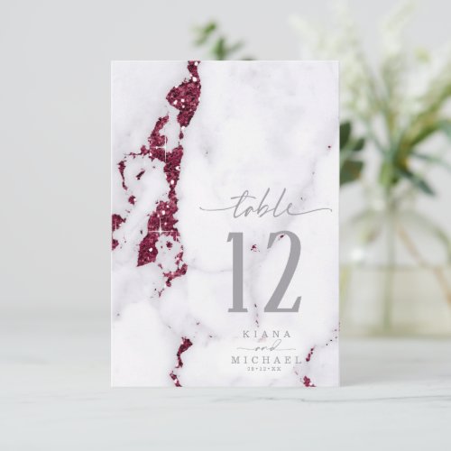 Modern Marble Glitter Table Number Burgundy ID816