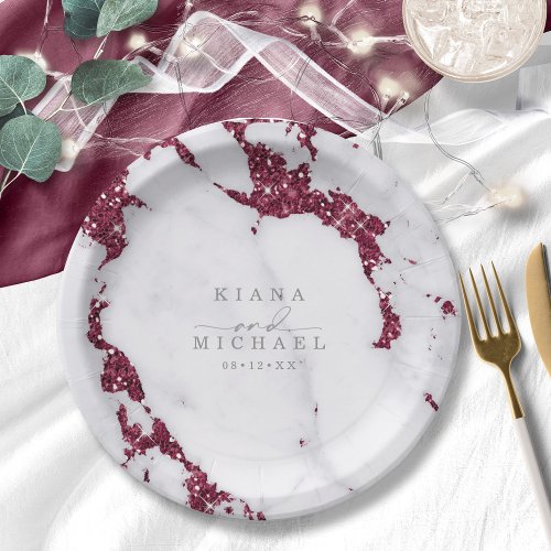 Modern Marble Glitter Wedding Burgundy ID816 Paper Plates