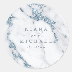 Modern Marble Glitter Wedding Dusty Blue ID816 Classic Round Sticker
