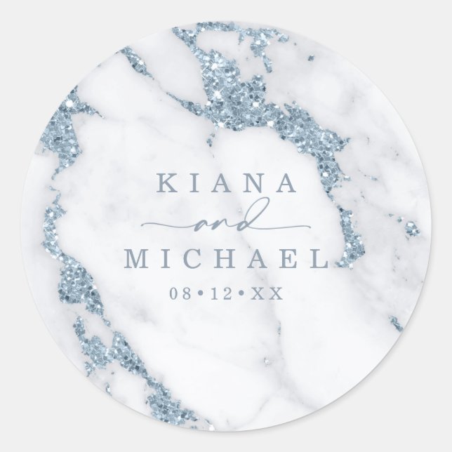 Modern Marble Glitter Wedding Dusty Blue ID816 Classic Round Sticker (Front)