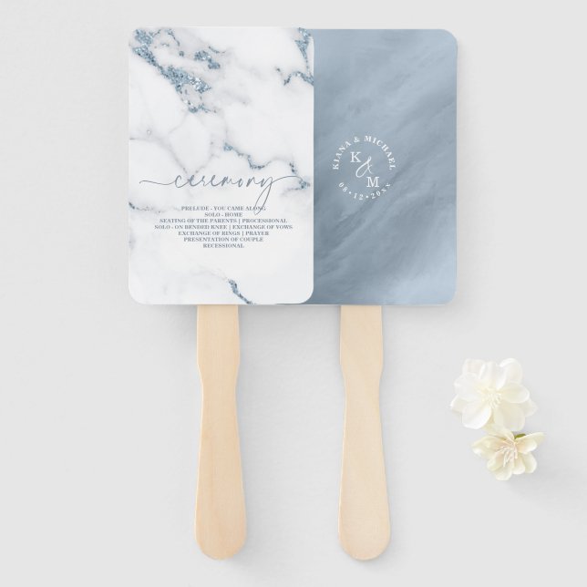Modern Marble Glitter Wedding Dusty Blue ID816 Hand Fan (Front and Back)