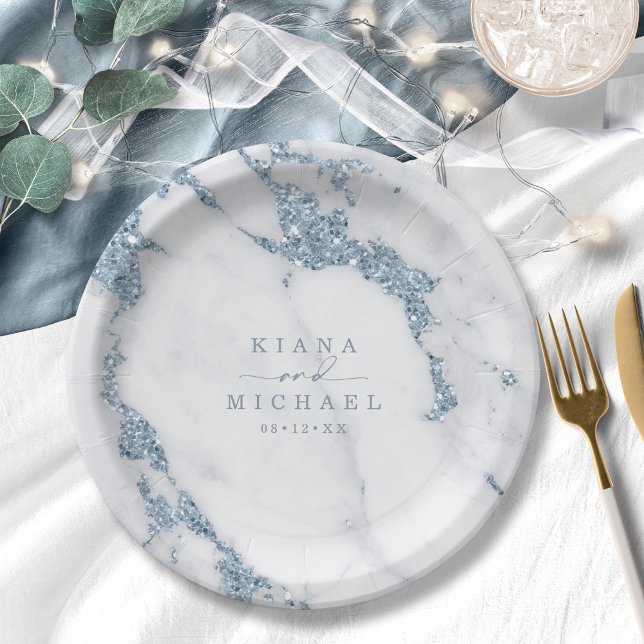 Modern Marble Glitter Wedding Dusty Blue ID816 Paper Plates (Creator Uploaded)