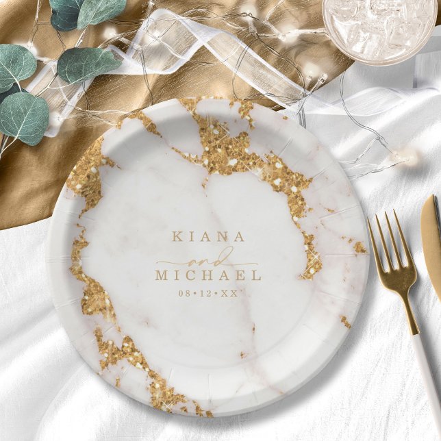 Modern Marble Glitter Wedding Gold ID816 Paper Plates (Creator Uploaded)