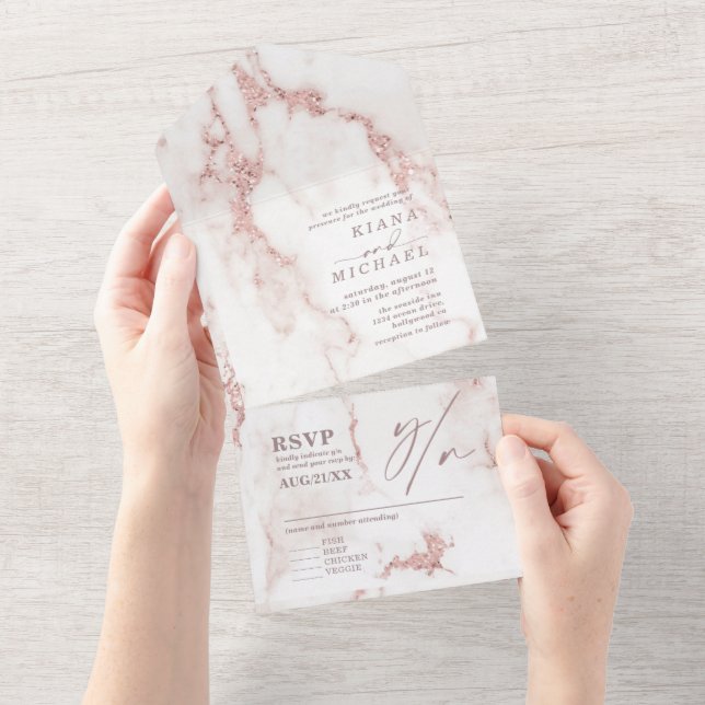 Modern Marble Glitter Wedding Rose Gold ID816 All In One Invitation (Tearaway)