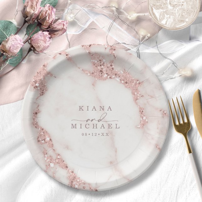 Modern Marble Glitter Wedding Rose Gold ID816 Paper Plates (Creator Uploaded)