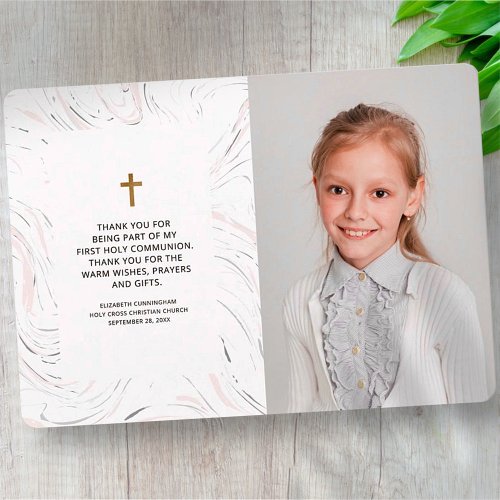 Modern Marble Gold Cross Photo Communion Thank You